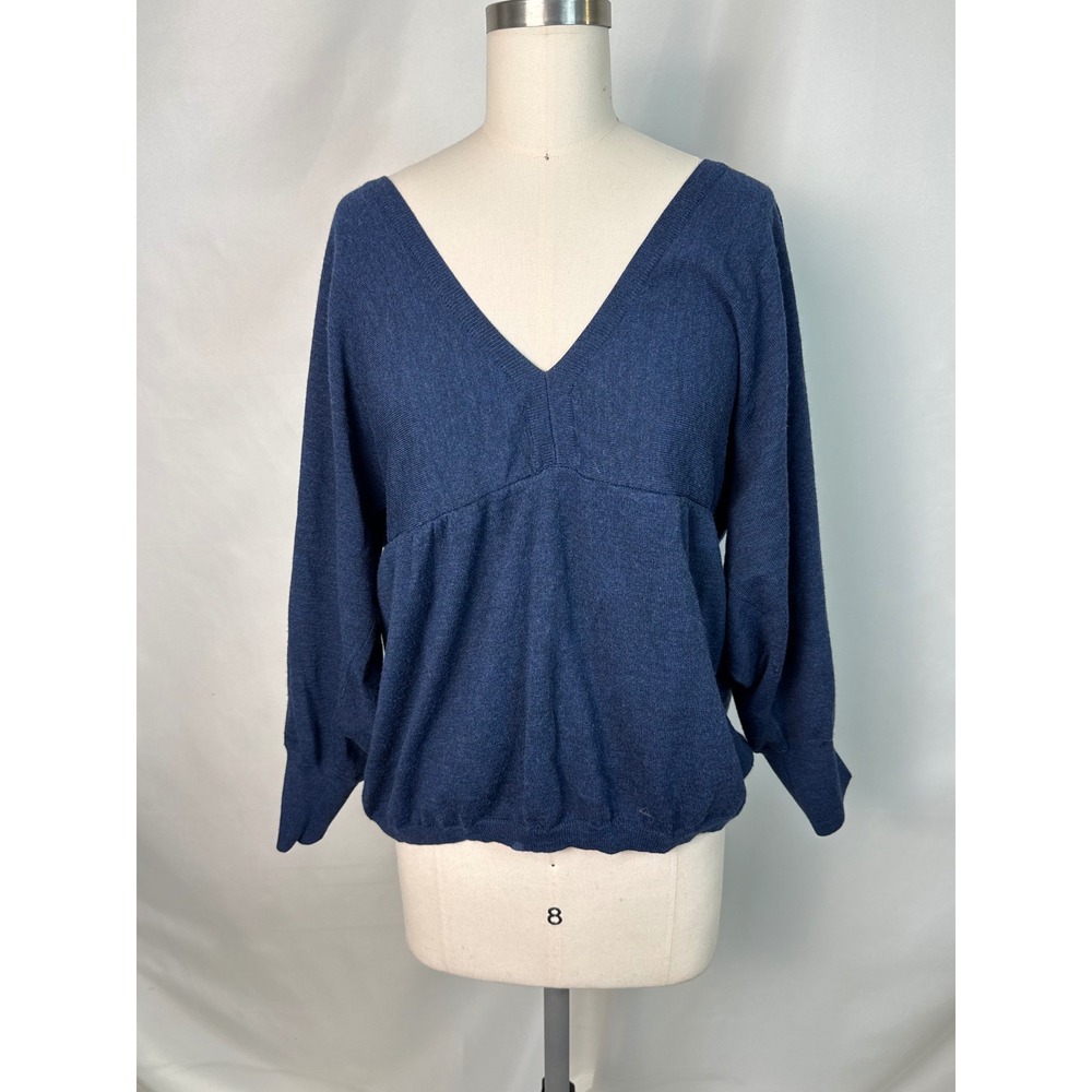 Ann Taylor XL Blue‎ Merino Wool Cashmere V-Neck Empire Quiet Luxury Long Sleeve